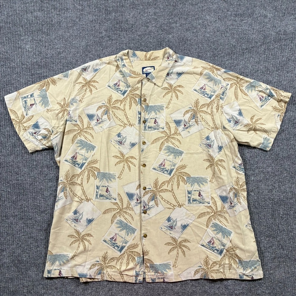 Island Blue Mens Hawaiian Shirt 4XLT Silk Blend Beige Palm Tree Tropical Aloha